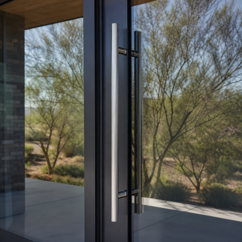 Modern door handle and installation on a black door