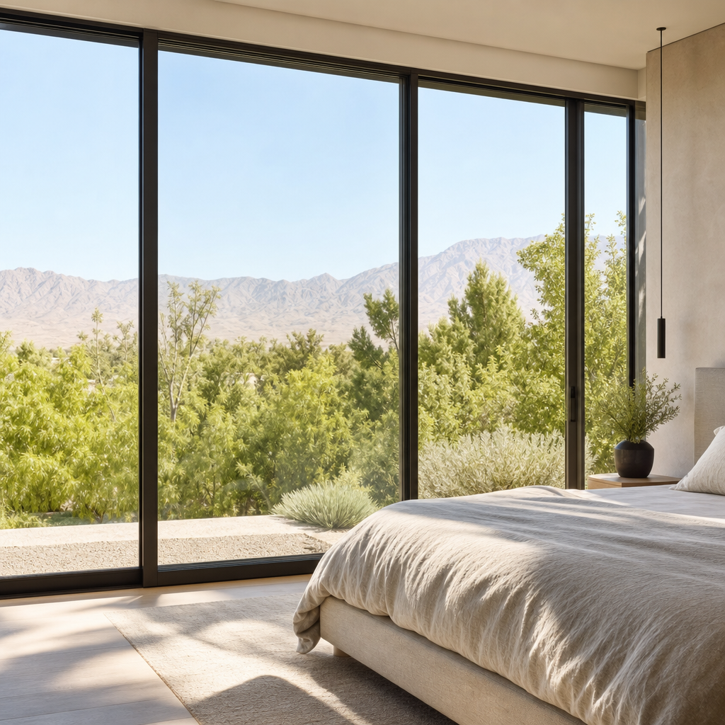 Bedroom with large window overlooking mountains and trees