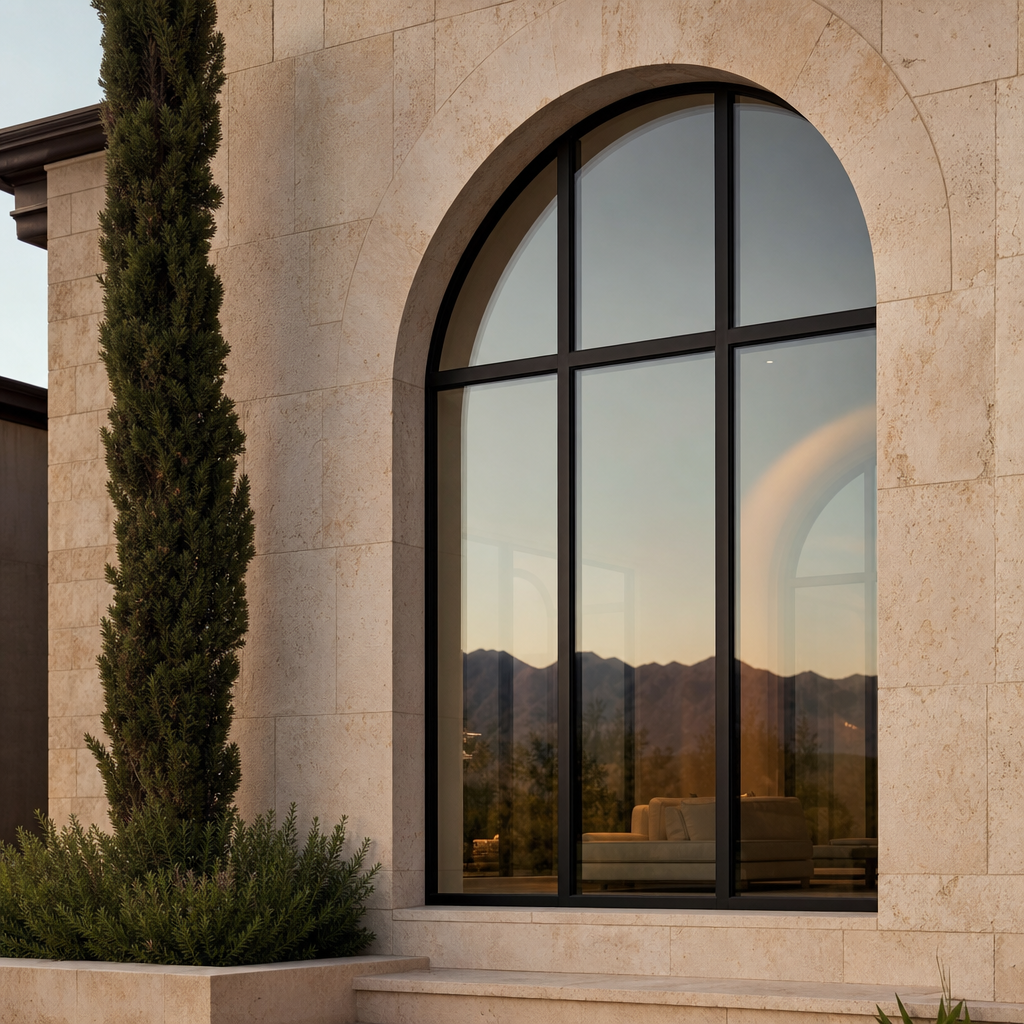 Custom arched window installation on stone building in Las Vegas, NV