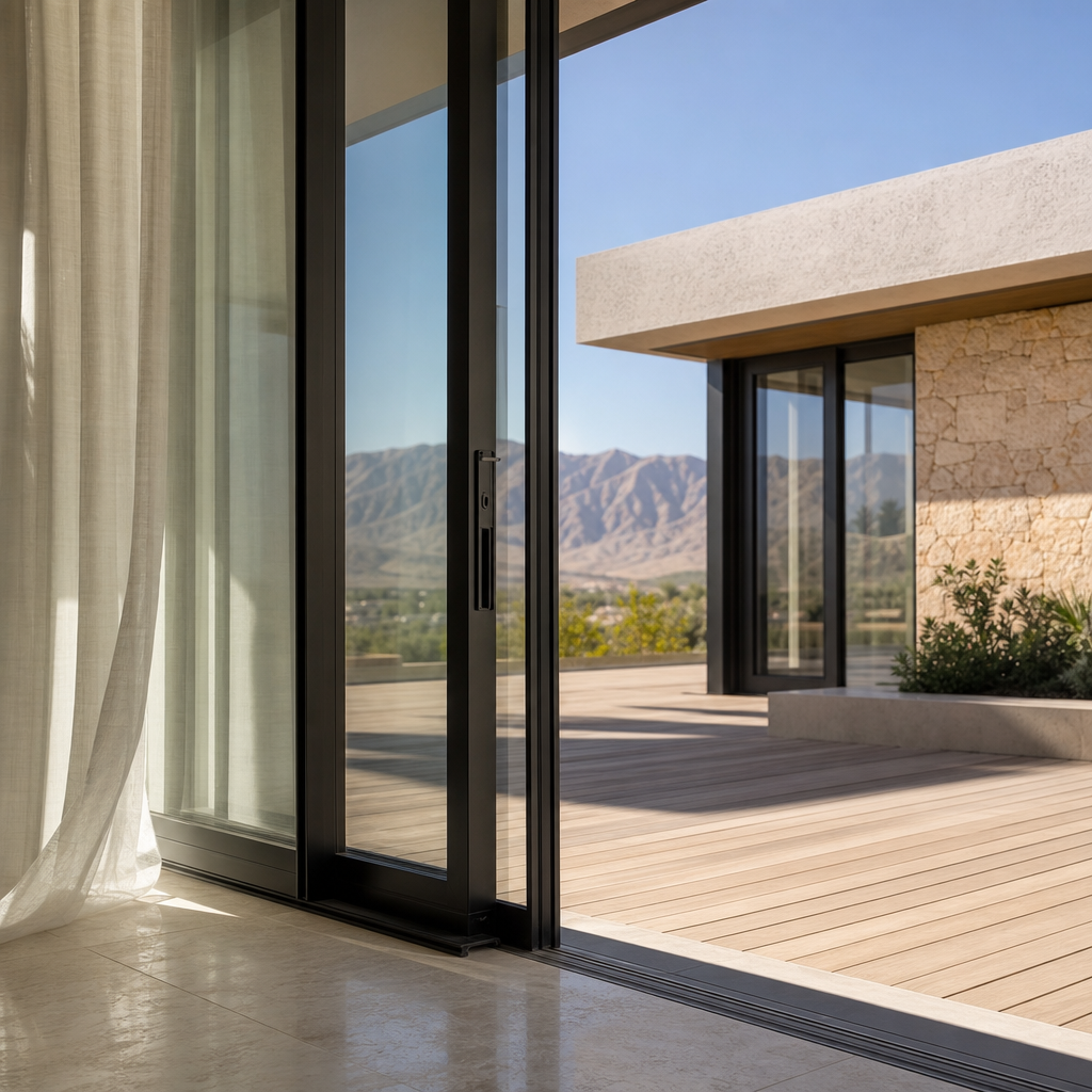 Modern home sliding glass doors open to wooden deck and mountain vista in Las Vegas, NV